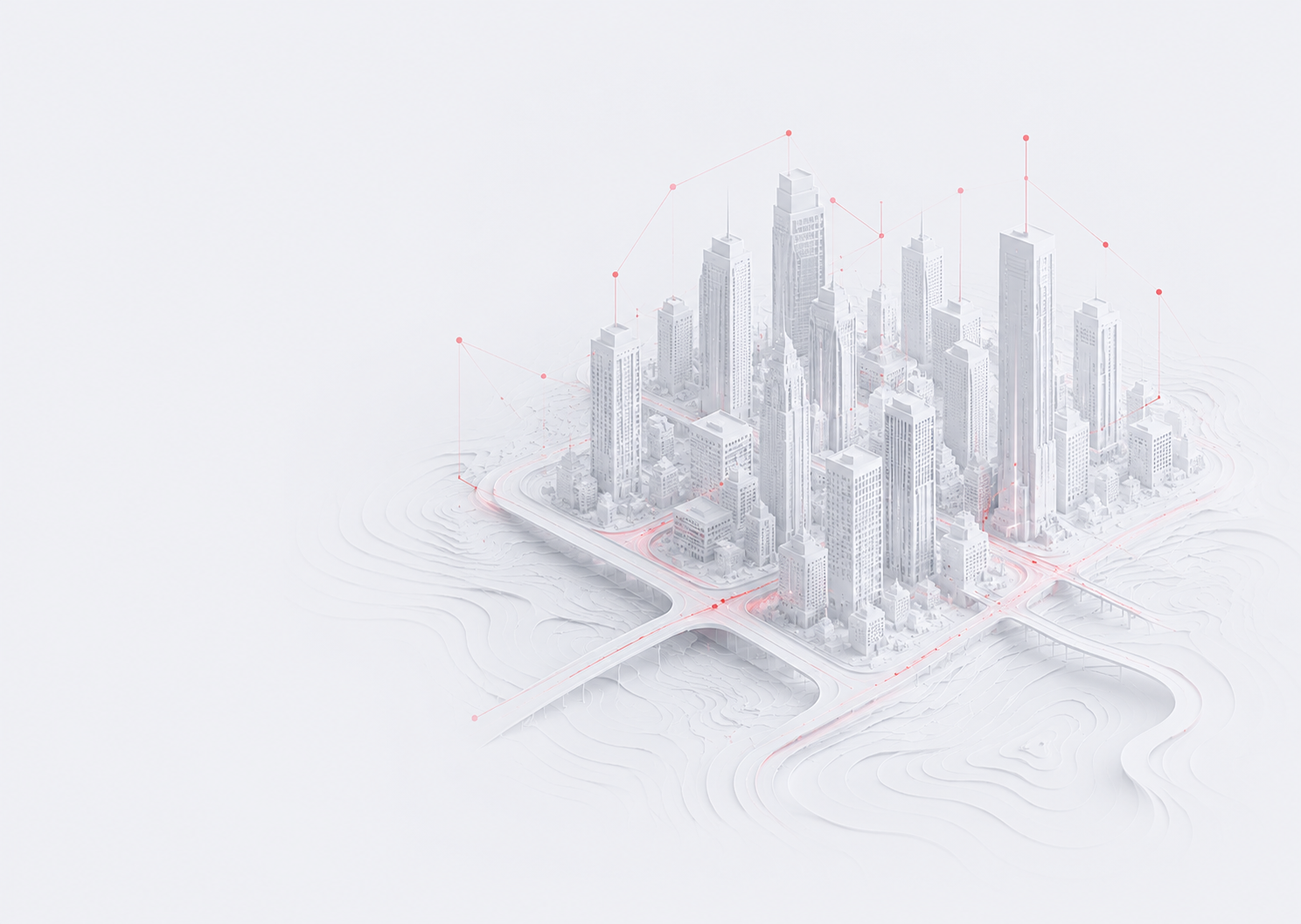 Ciudad inteligente conectada por una red de datos, que representa automatización, análisis, rapidez y seguridad